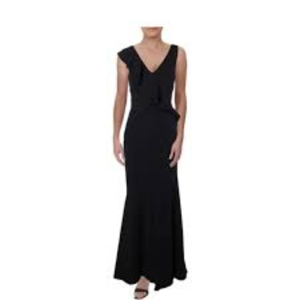 ✅‎ Lauren Ralph Lauren GREY/BLACK MAXI Metallic Ruffle-Trim Gown. Size 4 WEDDING
